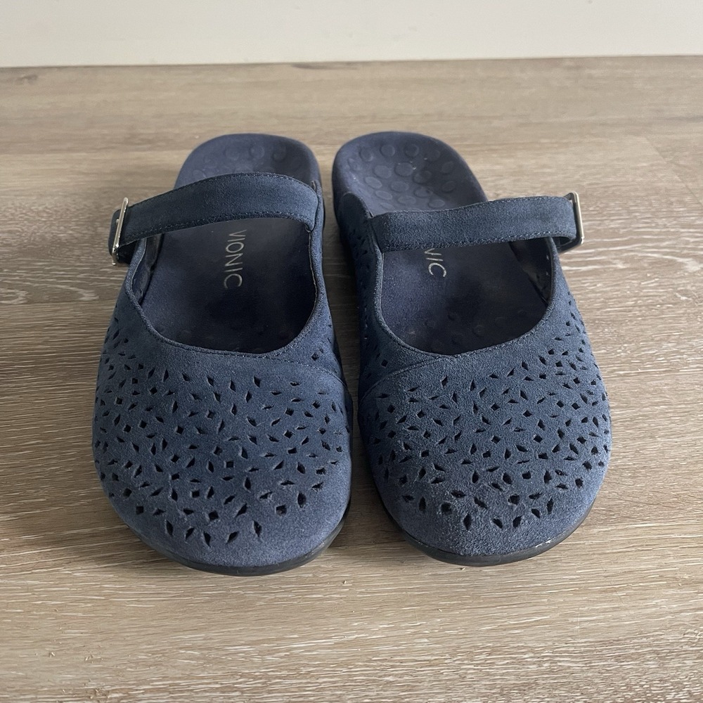 Vionic Shoe Women 9 Lidia Slip On Mule Buckle Mary Jane Perforated Blue Comfort